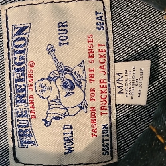 True Religion Mens Medium Dark Blue Denim World Tour Trucker Jacket Streetwear - Picture 2 of 16